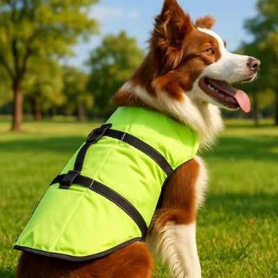 Gilet de sauvetage chien DogLife vert brun assis dehors chien