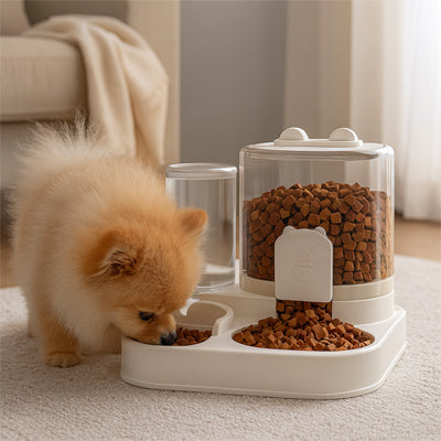 Distributeur croquette chien autoprogram brun regarde eau chien