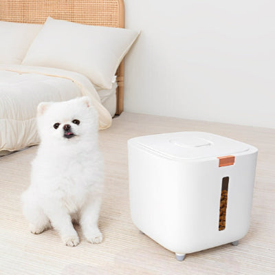 Distributeur de croquettes pour chien fooddog blanc assis chien