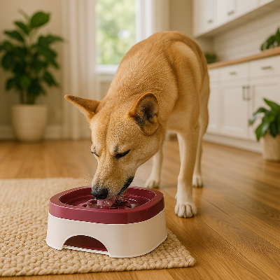 Gamelle anti éclaboussure splashproof rouge, brun chien