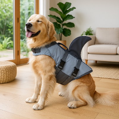 Gilet de sauvetage chien dogjacket brun, gris assis chien