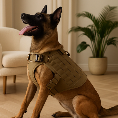 Harnais chien anti traction HarnaisJames brun assis chien