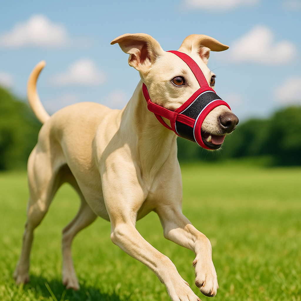museliere-pour-chien-muzfor-blanc-courire-rouge-gazon-chien