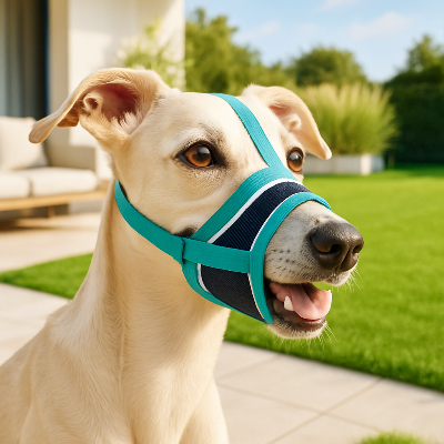 Muselière pour chien MuzFor bleu assis blanc gazon chien