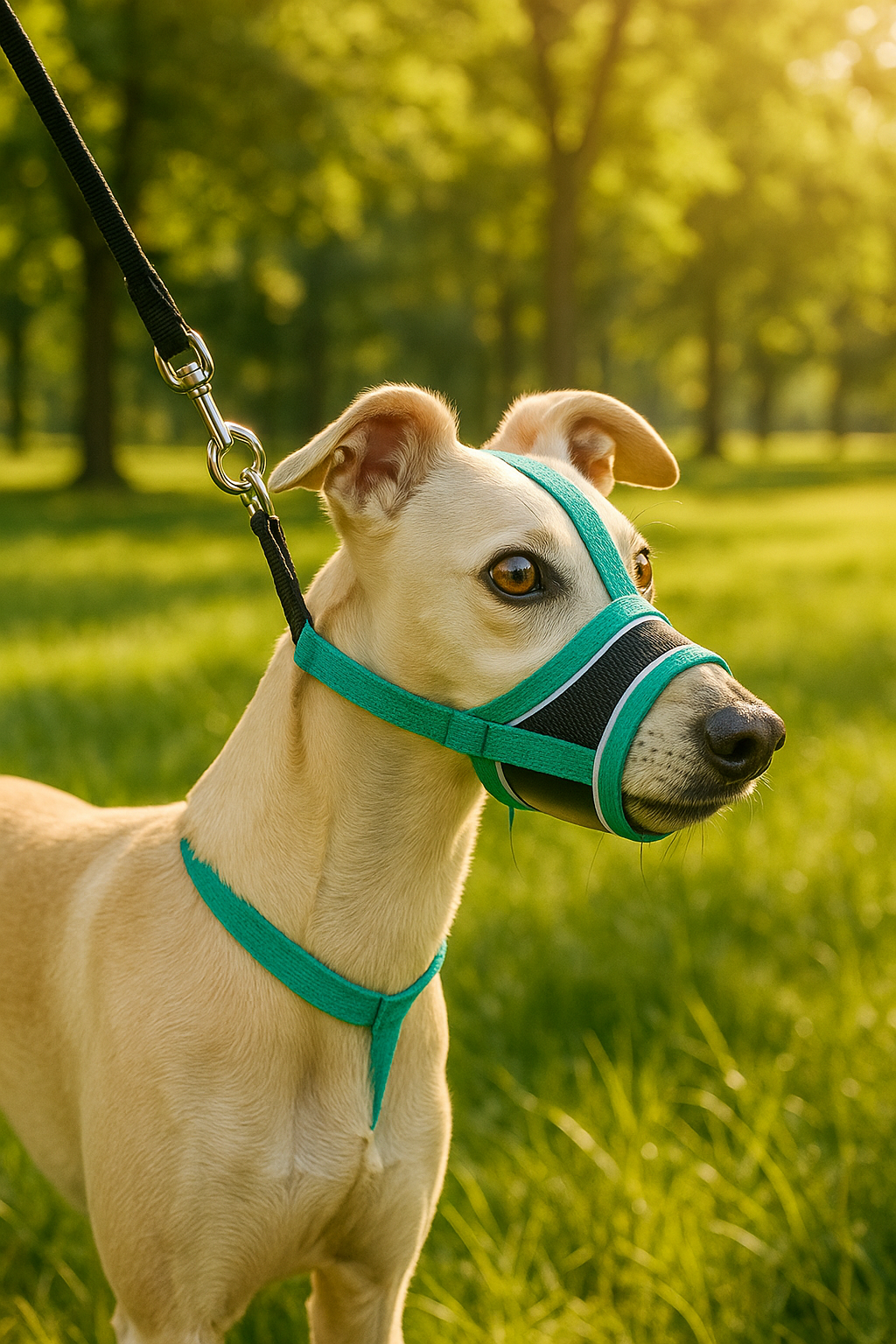 museliere-pour-chien-muzfor-bleu-debout-blanc-gazon-chien