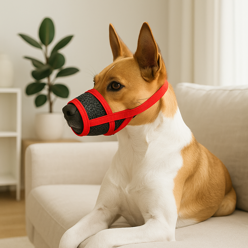 museliere-pour-chien-muzfor-brun-coucher-rouge-gazon-chien