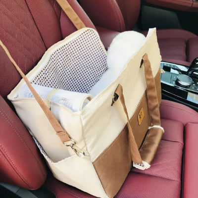 Sac de transport pour chien dogtrans brun siège blanc chien