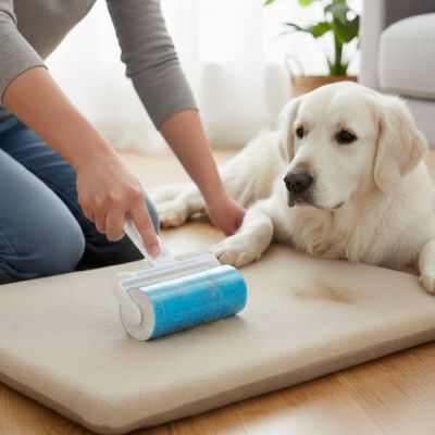 Brosse anti poil BrushEfficace bleu blanc tapis chien