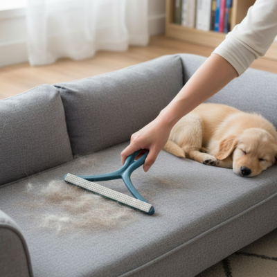 Brosse anti poil TheReusable bleu petit sofa chien