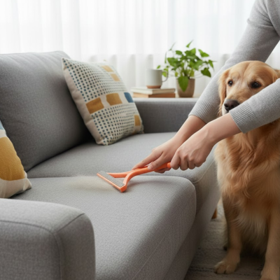 Brosse anti poil TheReusable orange sofa chien