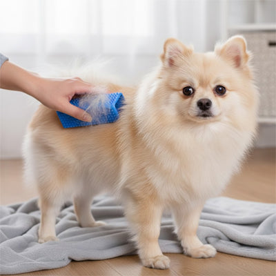 Brosse chien AntiNnoeudsPelageNet bleu crème debout chien