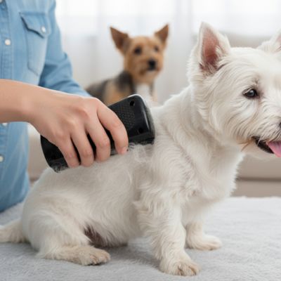 Brosse chien AntiNoeudsDemelante noir assis blanc chien