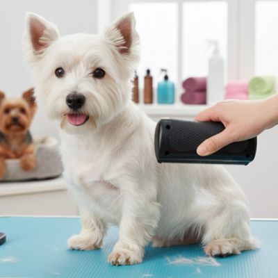 Brosse chien AntiNoeudsDemelante noir blanc assis chien