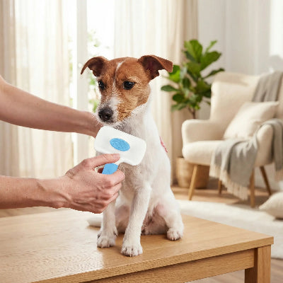 Brosse chien DemelPoils bleu brun blanc assis chien