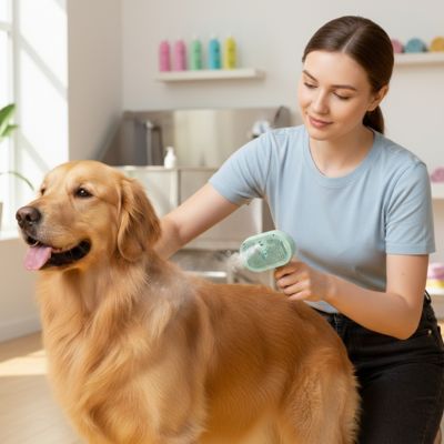Brosse chien ErgonomiqueAntiAllergies vert brun debout chien