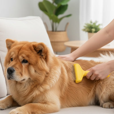 Brosse chien ThePelageNet jaune brun sofa chien