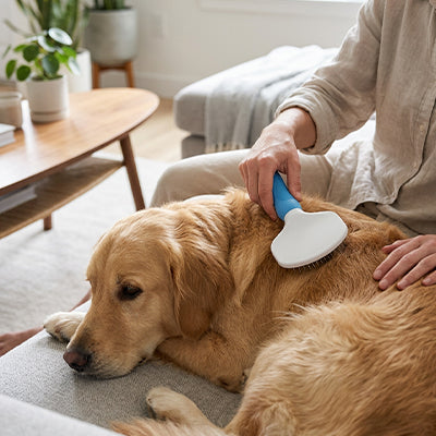 Brosse pour chien EasyDetangling bleu coucher femme chien