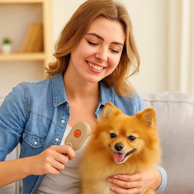 Brosse pour chien GlossyCoat beige orange brun assis chien