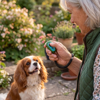 Clicker chien EffectiveTraining vert assis brun chien