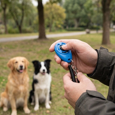 Clicker chien PositiveTraining bleu assis chien