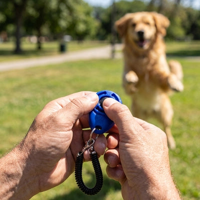 Clicker chien TheDogTraining bleu, saute brun chien