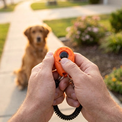 Clicker chien TheDogTraining rouge assis brun chien