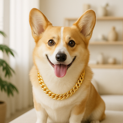Collier chien JewelryForDogs or crème assis chien