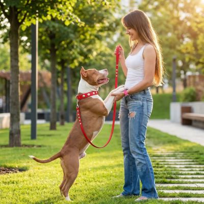 Collier chien cuir DogCollar rouge en contact avec sa maitresse chien