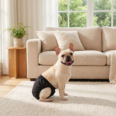 Couche pour chien DogMattress noir assis salon chien