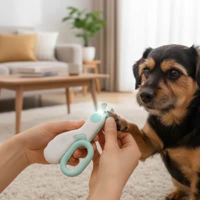 Coupe griffe chien Safeguarded bleu assis noir chien