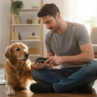 Coupe griffe pour chien BusinessSecure noir assis brun chien