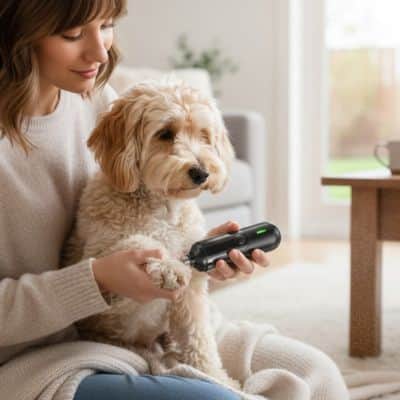 Coupe griffe pour chien BusinessSecure noir assis crème chien