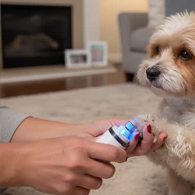Coupe griffe pour chien SafelyProfes blanc assis chien