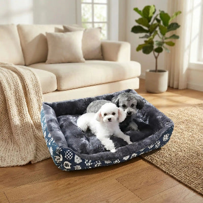 Coussin déhoussable pour chien bleu, blanc, chien