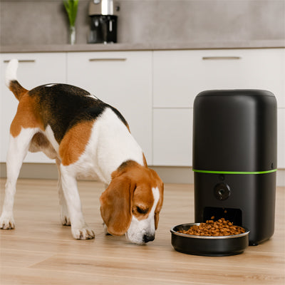 Distributeur automatique croquettes PetFee blanc rouge noir chien