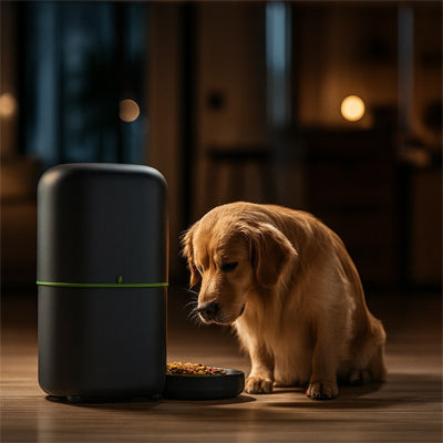 Distributeur automatique croquettes PetFee regarde, assis, chien