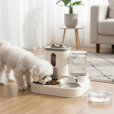 Distributeur de croquettes AuFeed gris blanc salon chien