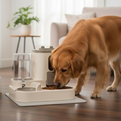 Distributeur de croquettes AuFeed gris brun salon chien