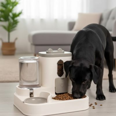 Distributeur de croquettes AuFeed gris noir salon chien