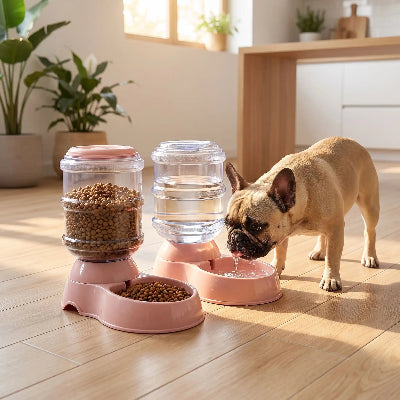 Distributeur de croquettes CroDis rose brun salon chien