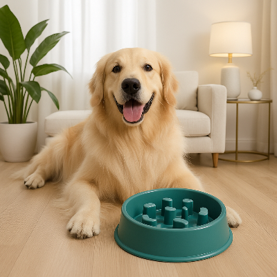 Gamelle anti glouton AntiBowl couleur bleu coucher chien
