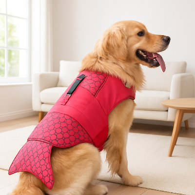 Gilet de sauvetage chien DogJacket brun rouge assis salon chien