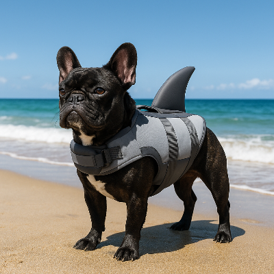 Gilet de sauvetage chien DogJacket noir gris debout plage chien