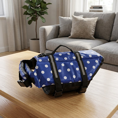 Gilet de sauvetage chien RigidOptimal bleu table chien