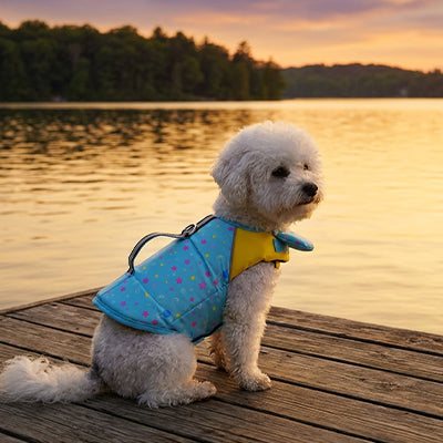 Gilet de sauvetage chien SuperiorBuoyancy bleu assis chien