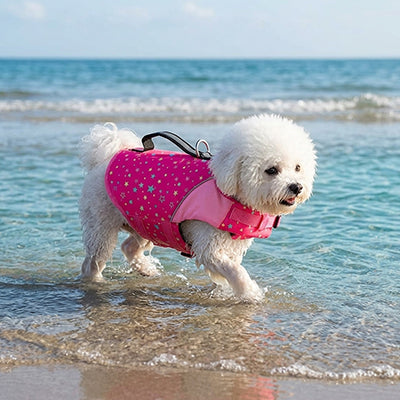 Gilet de sauvetage chien SuperiorBuoyancy rose marche blanc chien