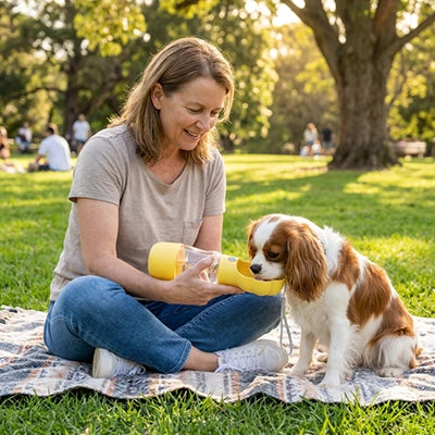 Gourde chien TheWaterBottleDog jaune assis chien