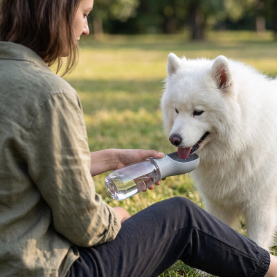 Gourde pour chien PortableLeak gris assis blanc chien