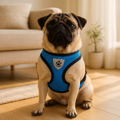 Harnais chien CarryingHarness bleu assis chien