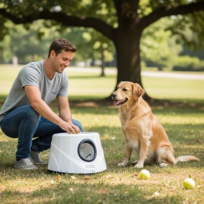 Lanceur de balle pour chien Automa gris assis brun chien
